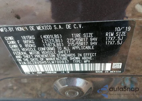 2020 Honda Hr-V 2Wd Ex z USA, uszkodzony, nr VIN 3CZRU5H51LM700937